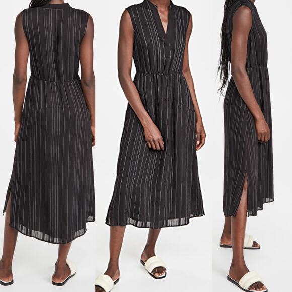 VINCE Draped Pinstripe A-Line Midi Black Dress Striped Coastal Preppy Minimalist - Picture 1 of 15